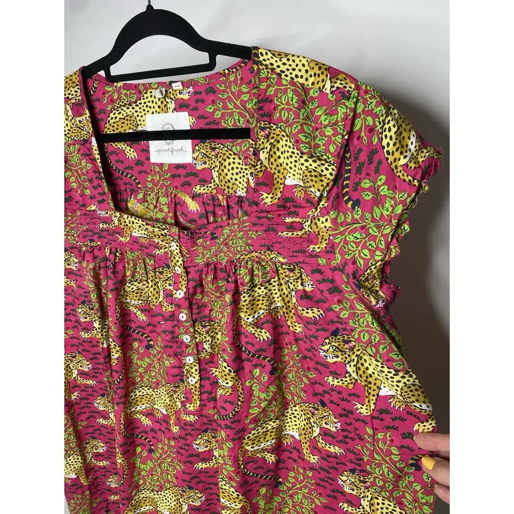 Printfresh Bagheera Pintuck Sleep Dress Women's Plus 1X Cotton Pink Leopard - Picture 2 of 7